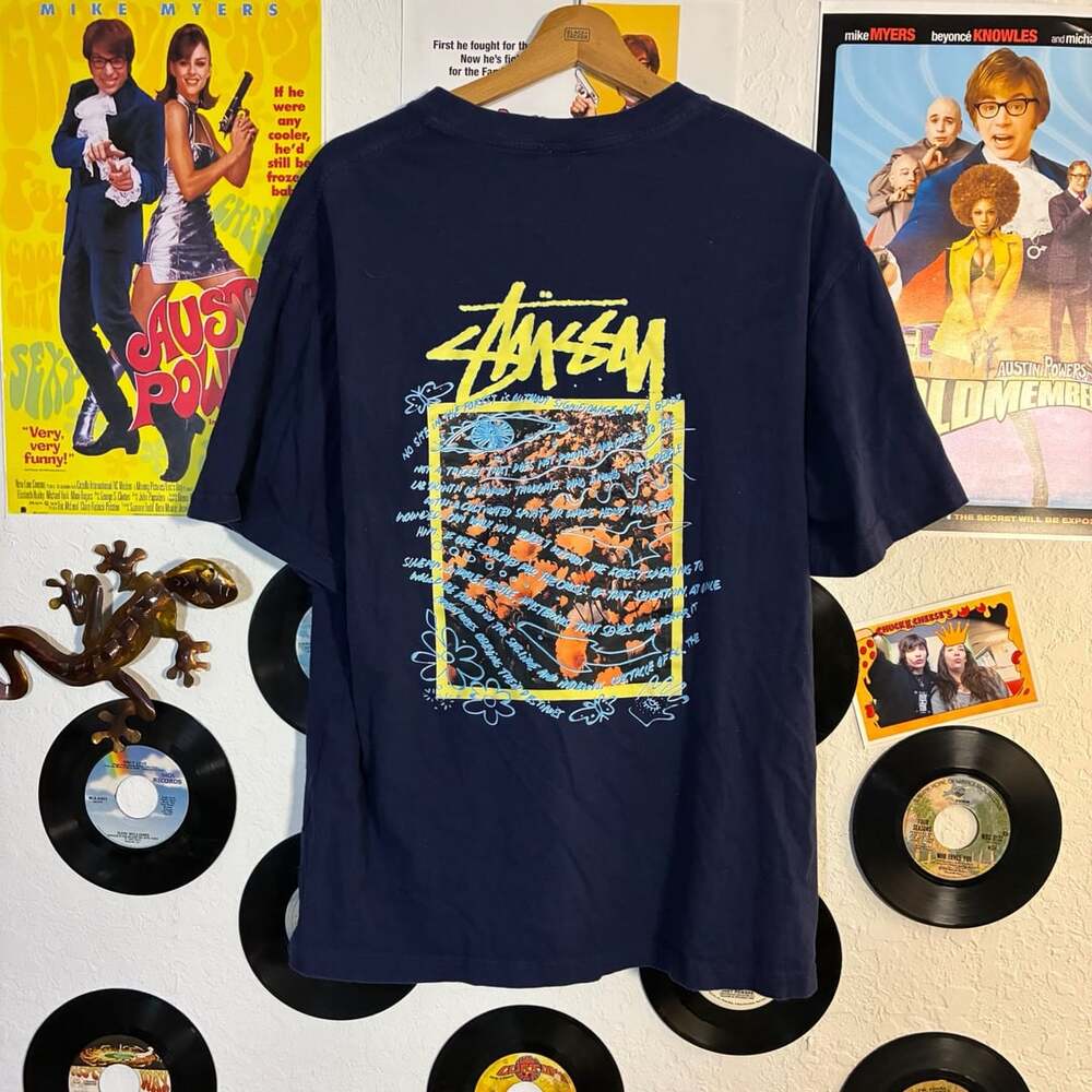 Stussy Super Bloom T-Shirt Size L Navy Blue Graphic Tee